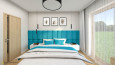 Sypialnia z turkusowymi panelami tapicerowanymi