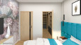 Sypialnia z turkusowymi panelami tapicerowanymi na ścianie oraz z garderobą