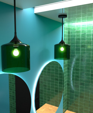 Nowoczesna łazienka z zielonymi, wiszącymi lampami