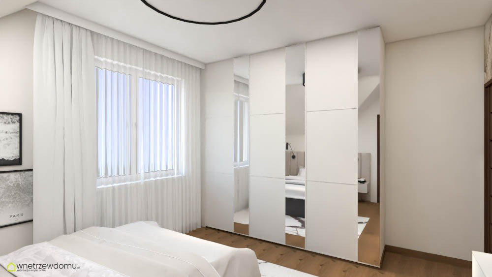 Sypialnia z dużą szafą z biało-lustrzanymi frontami