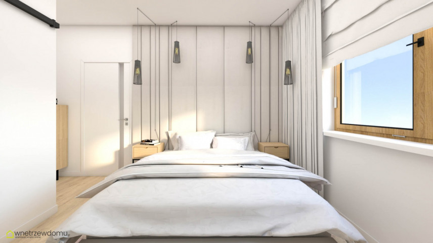 Sypialnia z beżowymi panelami tapicerowanymi za łóżkiem kontynentalnym