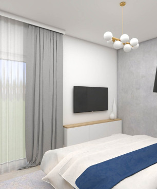 Sypialnia z tynkiem dekoracyjnym na ścianie i z lampą wiszącą