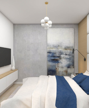 Sypialnia z dużym obrazem zamontowanym na ścianie z tynkiem dekoracyjnym