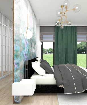 Sypialnia z łóżkiem kontynentalnym, zielonymi zasłonami