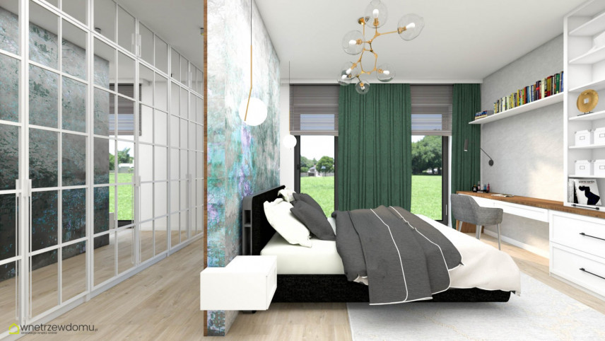 Sypialnia z łóżkiem kontynentalnym, zielonymi zasłonami