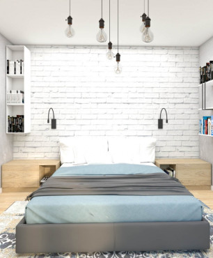 Sypialnia z białą cegłą na ścianie