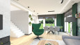 Salon z zielonym fotelem obrotowym