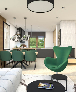 Projekt salonu z szarą, pikowaną sofą oraz zielonym fotelem obrotowym