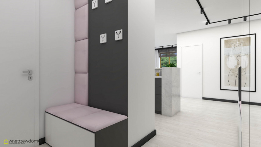 Projekt nowoczesnego salonu z otwartym korytarzem