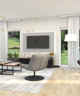 Salon z fotelem wiszącym oraz z telewizorem na ścianie