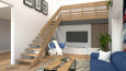 Salon z drewnianymi schodami oraz z huśtawką plecioną
