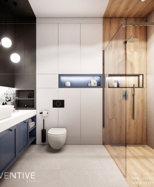 Łazienka z szarą podłogą oraz z prysznicem typu walk-in