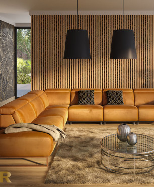 Designerski salon z drewnem na ścianie oraz z modnymi stolikami kawowymi