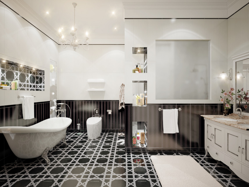 Łazienka czarno-biała ze stylowymi meblami