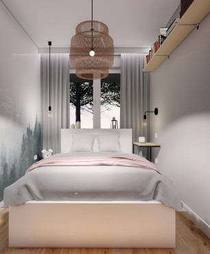 Aranżacja małej sypialni z drewnianą półką zamontowaną do ściany