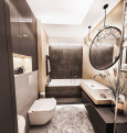Nowoczesna łazienka z wanną w zabudowie oraz imitacją drewnianych płytek na ścianie