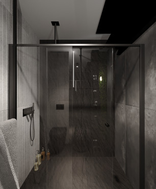 Łazienka z dużym prysznicem z przesuwanymi drzwiami