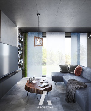 Salon z betonem architektonicznym na suficie i na ścianach
