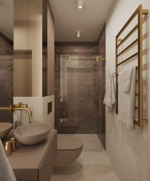 Wąska łazianka z ciemnymi, dużymi płytkami położonymi w kabinie prysznicowej