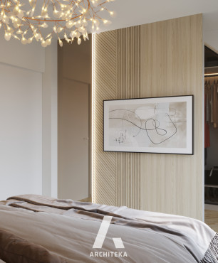 Sypialnia z drewnianym lamelem na ścianie