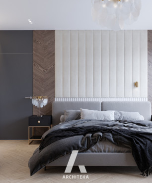 Sypialnia z kremowym panelem tapicerowanym na ścianie