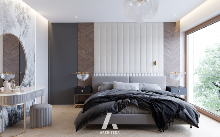 Sypialnia z kremowym panelem tapicerowanym na ścianie