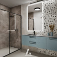 Łazianka z prysznicem i imitacją betonowych płytek na ścianie