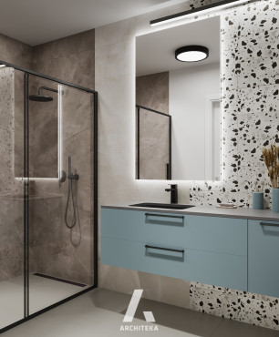 Łazienka z prysznicem i imitacją betonowych płytek na ścianie