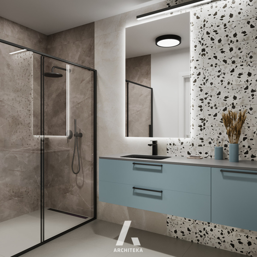 Łazienka z prysznicem i imitacją betonowych płytek na ścianie