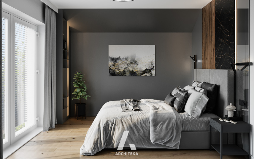 Sypialnia z czarnym marmurem na ścianie za łóżkiem kontynentalnym