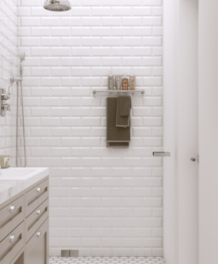 Łazienka z imitacją białej cegły na ścianie