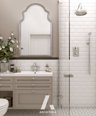 Łazienka z imitacją białej cegły w połysku na ścianie