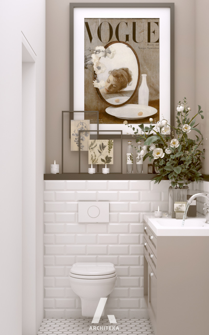 Łazienka z imitacją białych płytek w wysokim połysku oraz z dużym obrazem na ścianie