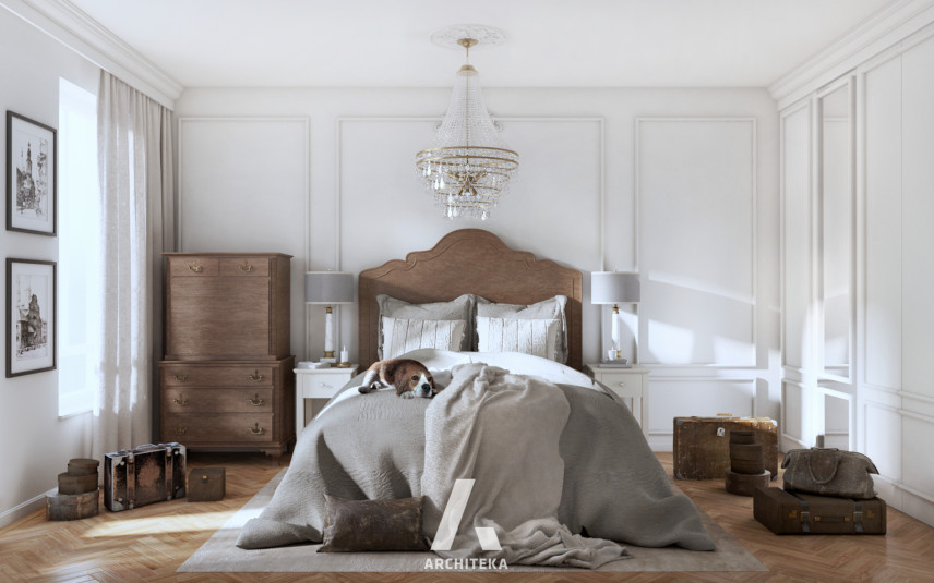 Sypialnia z dużym, drewnianym łóżkiem kontynentalnym