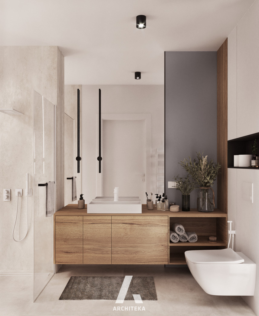 Łazienka z prysznicem walk-in oraz płytkami z imitacją betonu