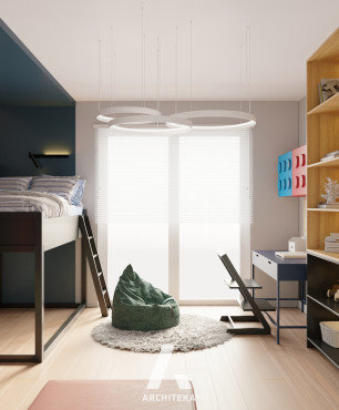 Pokój nastolatka z wysokim łóżkiem z drabinkami i miejscem do nauki