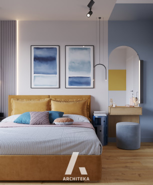 Sypialnia w stylu marynistycznym z żółtym łóżkiem kontynentalnym