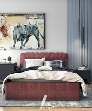 Sypialnia z lamelem na ścianie oraz z dużym obrazem