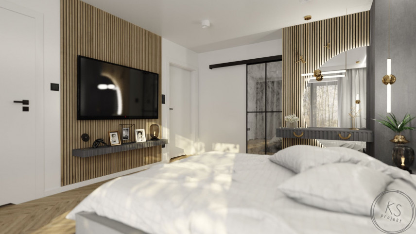 Projekt sypialni i garderoby w stonowanej kolorystyce z dodatkami złota