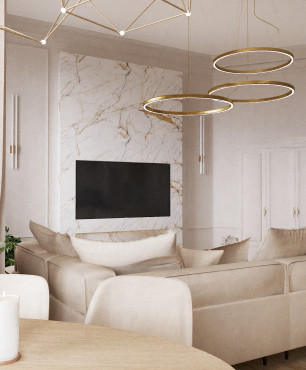 Gresowa ściana w salonie ze złotymi lampami Led wiszącymi