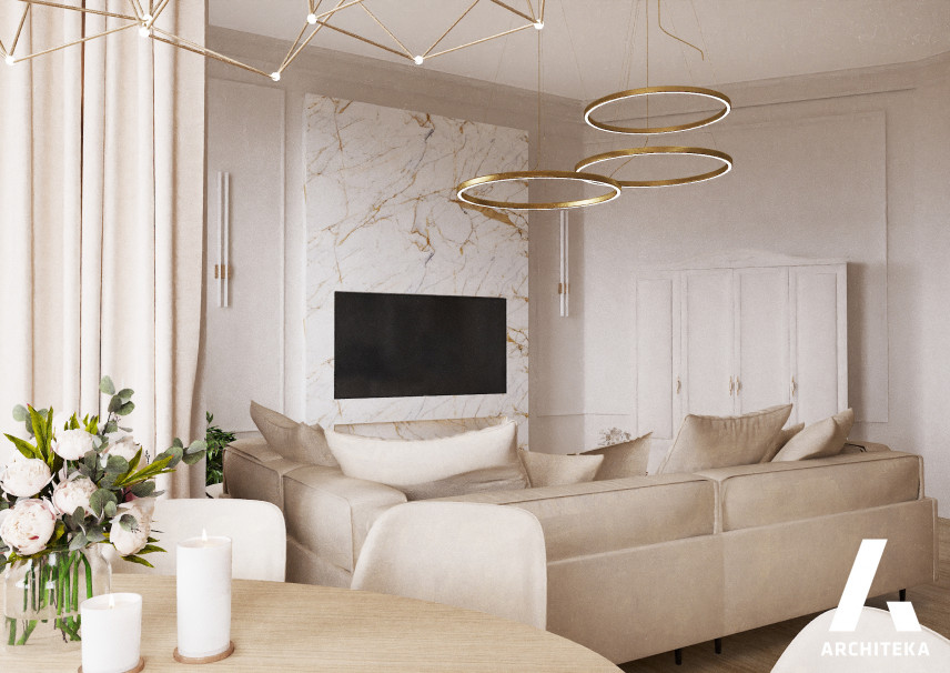 Gresowa ściana w salonie ze złotymi lampami Led wiszącymi