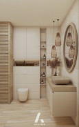 Łazienka w stylu boho z drewnianą szafką