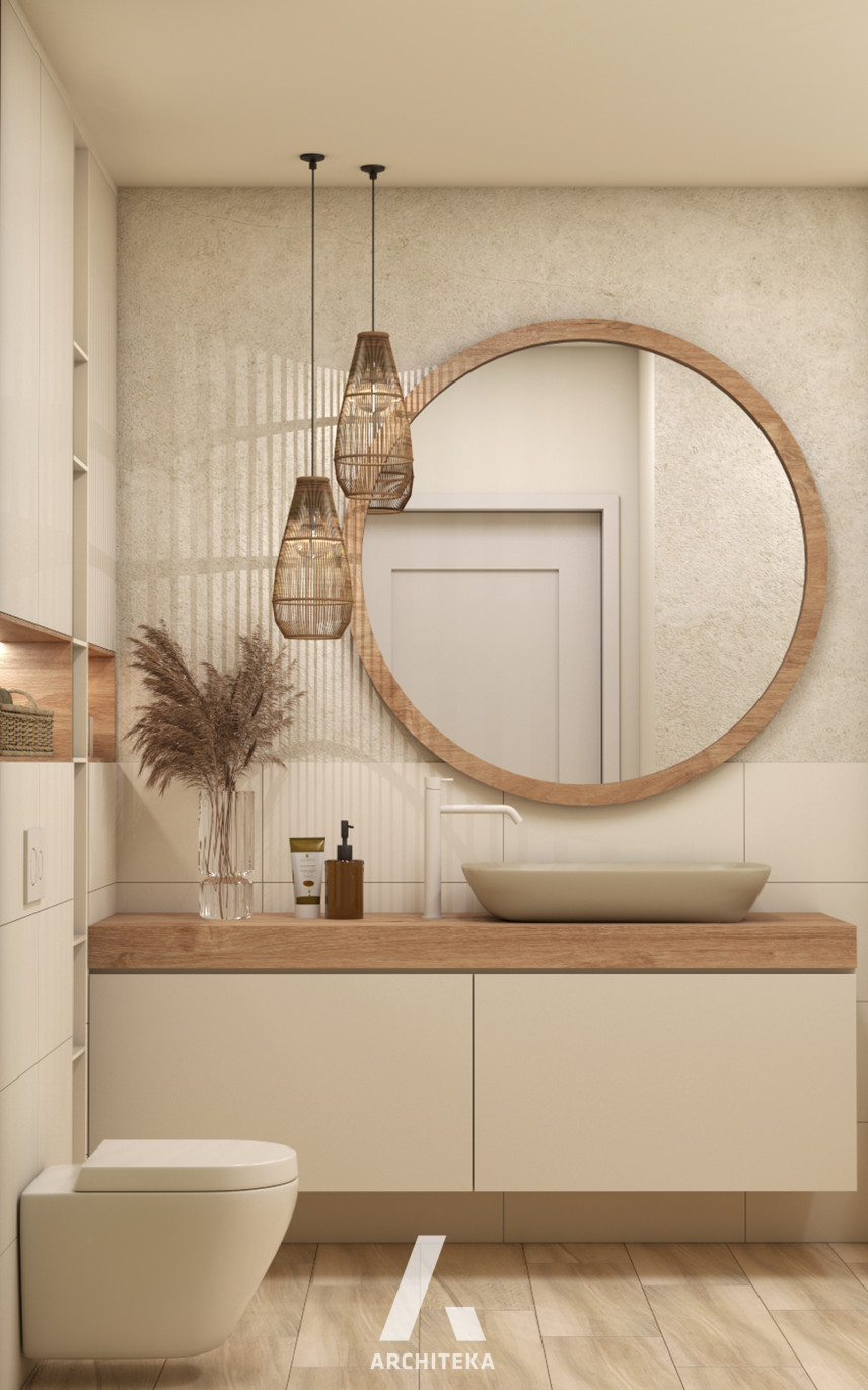 Łazienka z lustrem w drewnianej oprawie