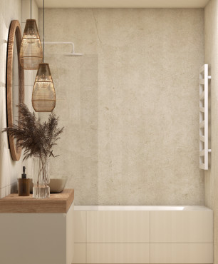 Łazienka z wanną w zabudowie i z imitacją betonowych płytek na ścianie