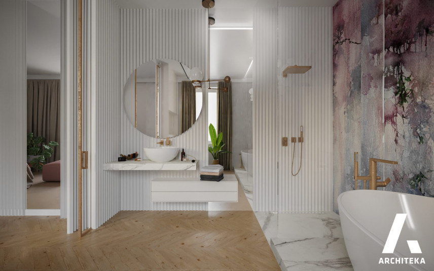 Łazianka w stylu glamour z prysznicem i wanną owalną stojącą