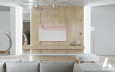 Salon z drewnianą ścianą i drewnianą szafką wiszącą