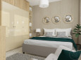 Projekt nowoczesnej sypialni z łóżkiem kontynentalnym w szarym kolorze