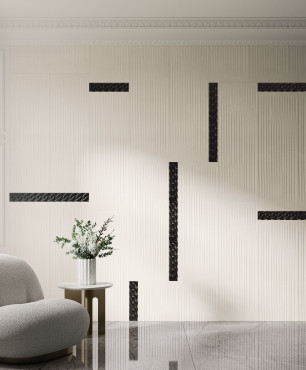 Salon ze ścianą z czarno-białą ceramiczną aranżacją