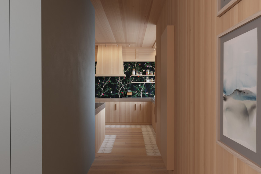 Nowoczesne wnętrze w jasnym drewnie  w stylu japandi