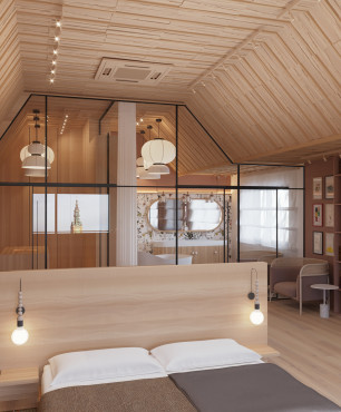 Sypialnia na poddaszu w stylu japandi